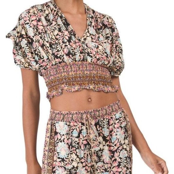 RACHEL ZOE Boarder Print Top BLACK MULTI Size L - Picture 1 of 2
